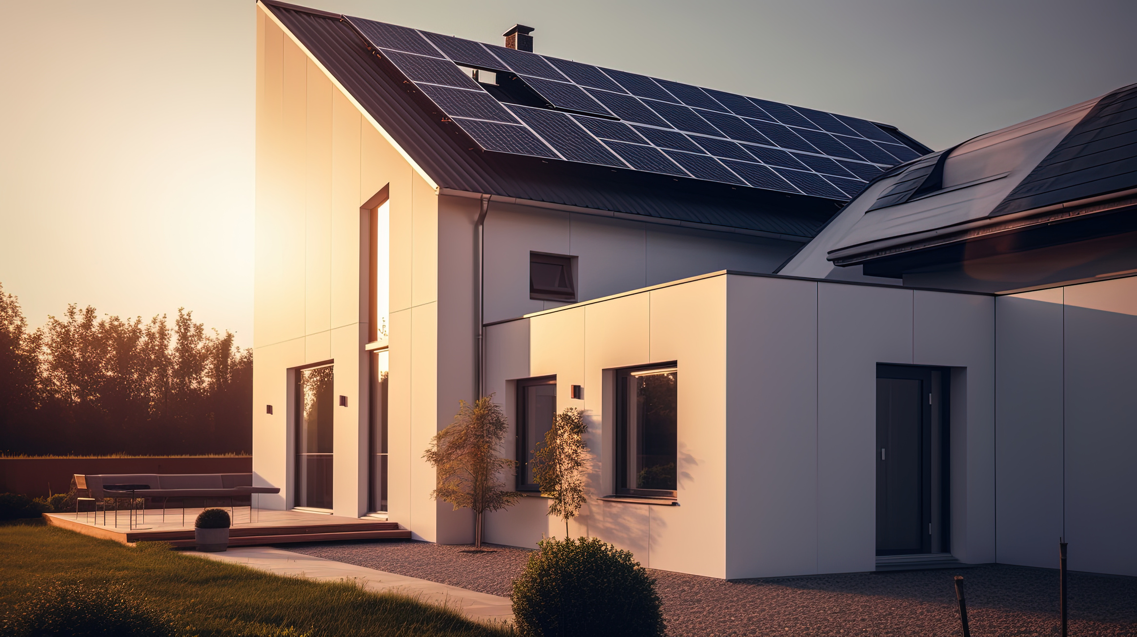 house with solar panels and sunrise solar energy system S
